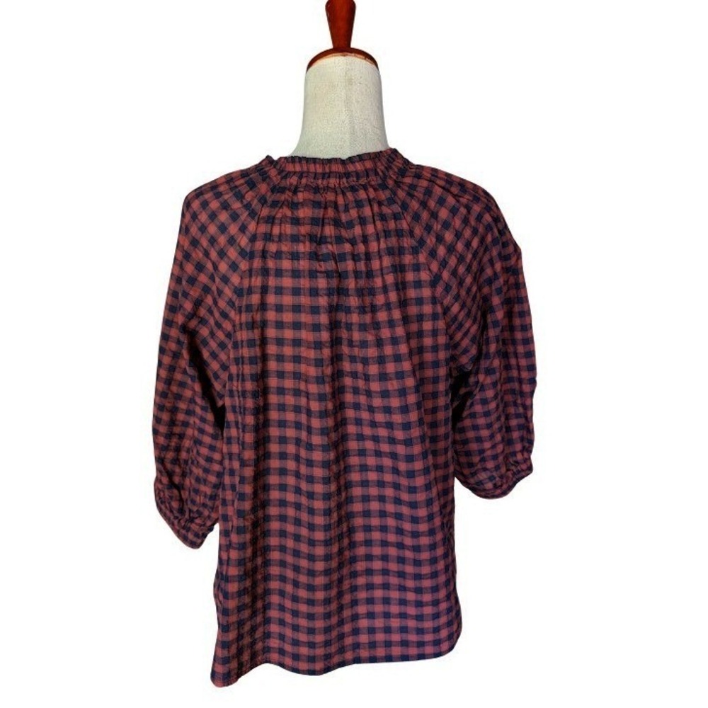 Never A Wallflower Womens Gingham Ruffle U-Neck Blouse Red Navy Blue Size M NWT - Picture 5 of 7